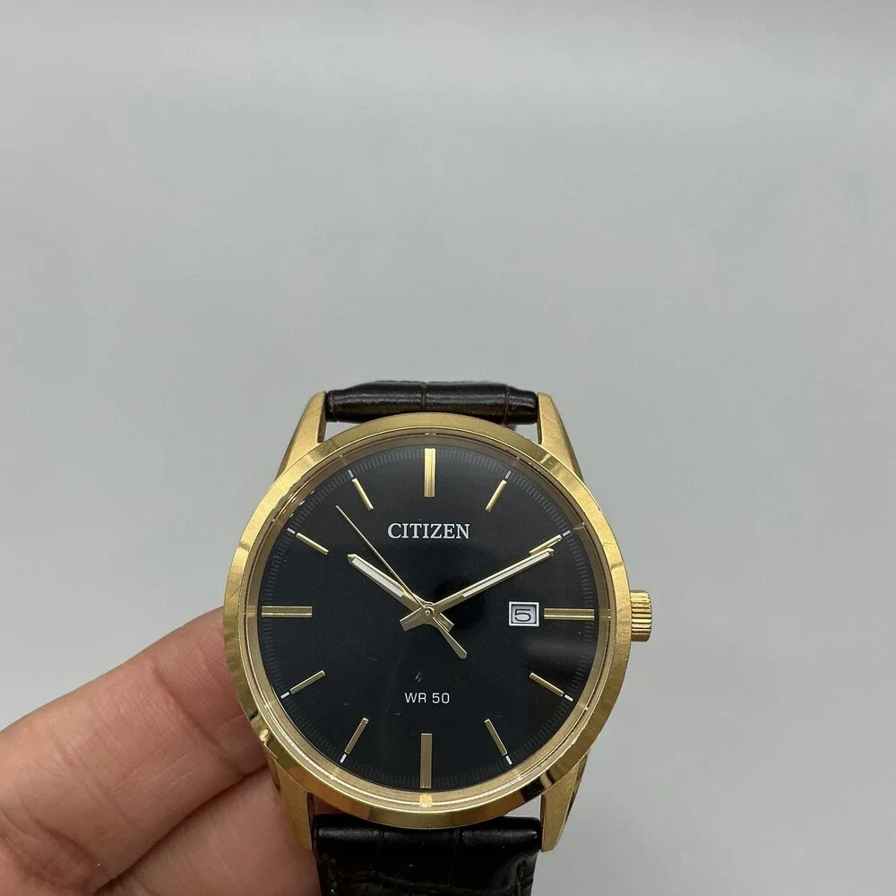 Citizen WR 50 Mens Watch 38mm Black Dial Date Gold Tone Brown Leather Band